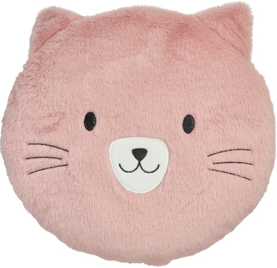 Coussin Home & Styling Animaux pour chambre d'enfant - chat - rose - 30 cm - polyester - cadeau
