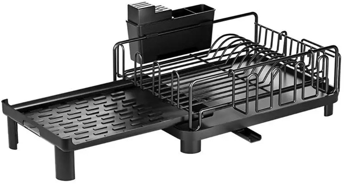 Uitschuifbaar Afdruiprek - RVS Met Bestekhouder - Automatische Waterafvoer & Ruimtebesparend Ontwerp - Afdruiprek - Uitschuifbaar afdruiprek - Met Houder voor Keukengerei - Keukenorganizer - 2-Laags - Zwart - Multifunctioneel Opbergrek voor Gootsteen