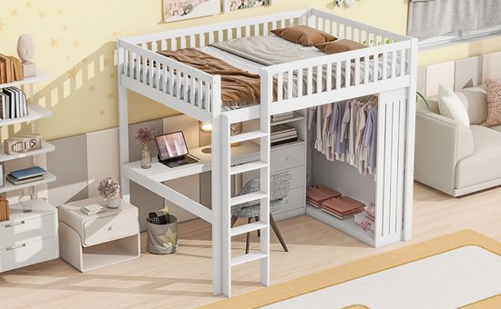 Lit mezzanine Merax 140x200 cm - avec bureau - armoire - 3 tiroirs - escalier - lit en bois avec espace de rangement - lit enfant avec bureau - Wit - sans Matras