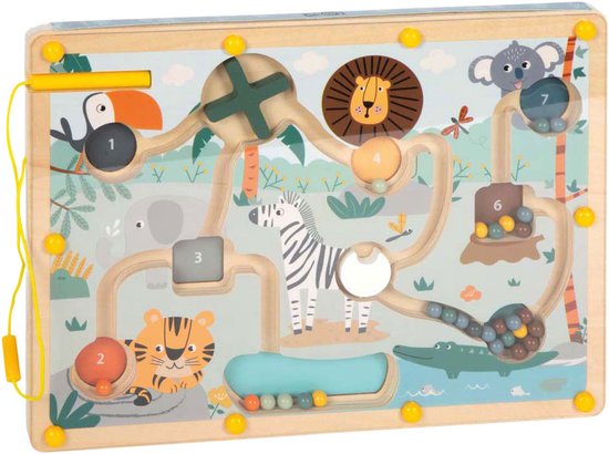 Magnetisch doolhof met safari dieren, genummerde zones 1-7 en een gele pen om de magnetische kralen te begeleiden.