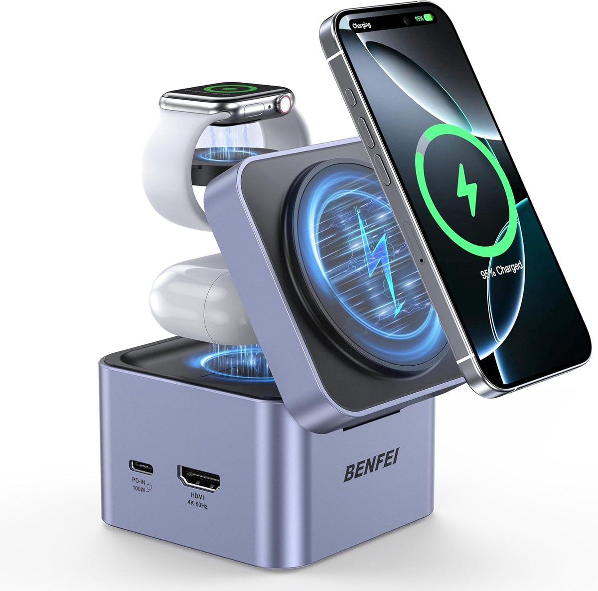 BENFEI 3-in-1 Draadloze Oplader Met USB C Hub - HDMI/ USB C/ 2x USB 3.0 - Geschikt voor Magsafe