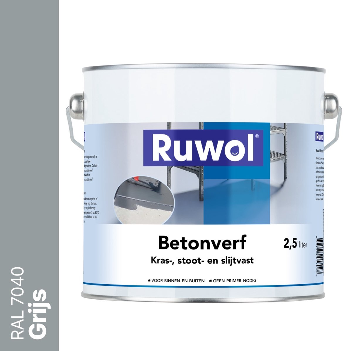 Ruwol Betonverf Grijs (RAL 7040) 2,5 liter - Voor binnen en buiten - Alle kleuren - Kras-, stoot- en slijtvaste verf voor beton en steen - Betonverf voor buiten