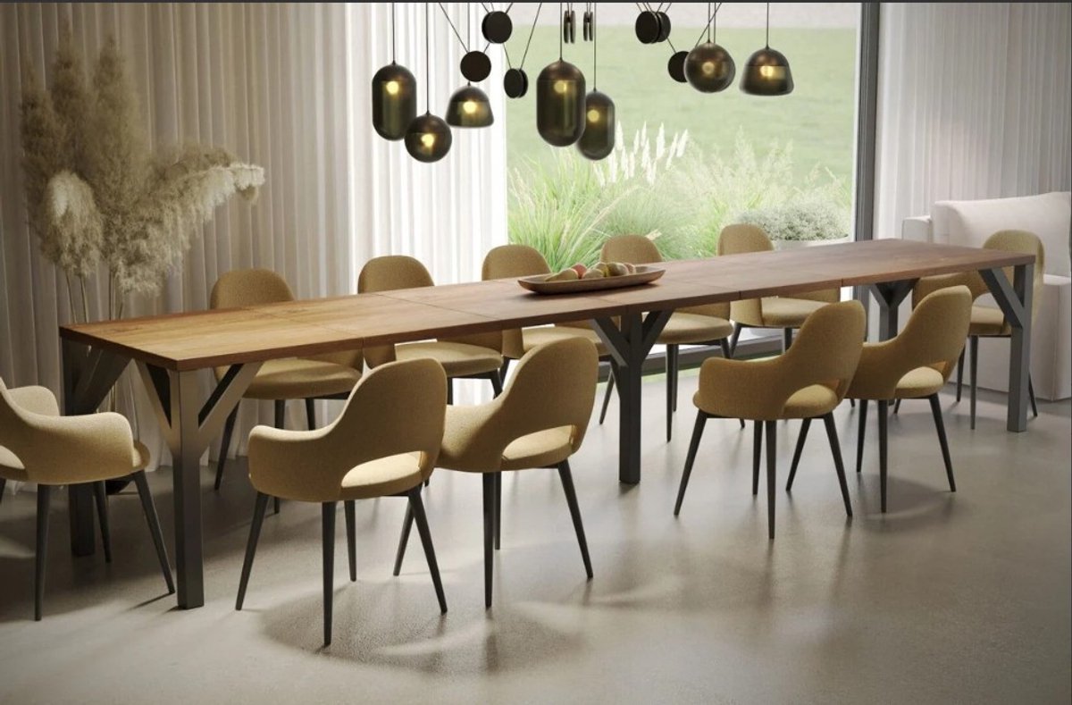 Uitschuifbare eettafel Urbanhome Avalon Stirling – Donker Eiken Fineer, 130-350 x 80 cm, Modern Design, Stevig Metaalframe, Grote Gezinstafel