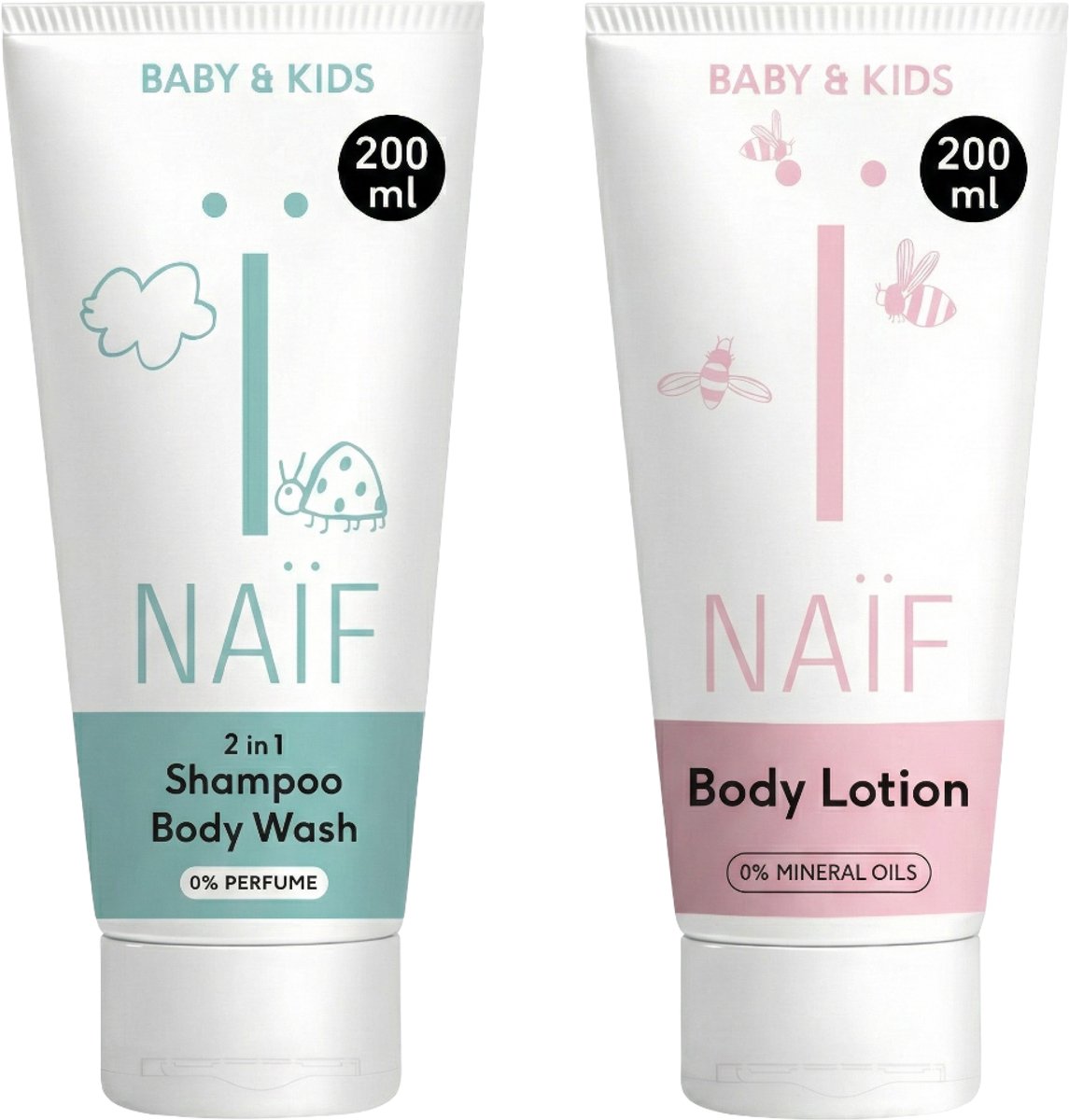 Naïf - 2-in-1 Shampoo & Body Wash & Bodylotion - Voordeelset - Baby & Kids - Natuurlijk - Reinigend - 2x200ml
