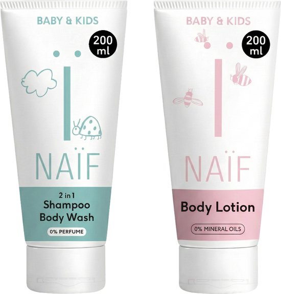 Twee Naïf tubes: 2-in-1 Shampoo Body Wash en Body Lotion, beide 200 ml.