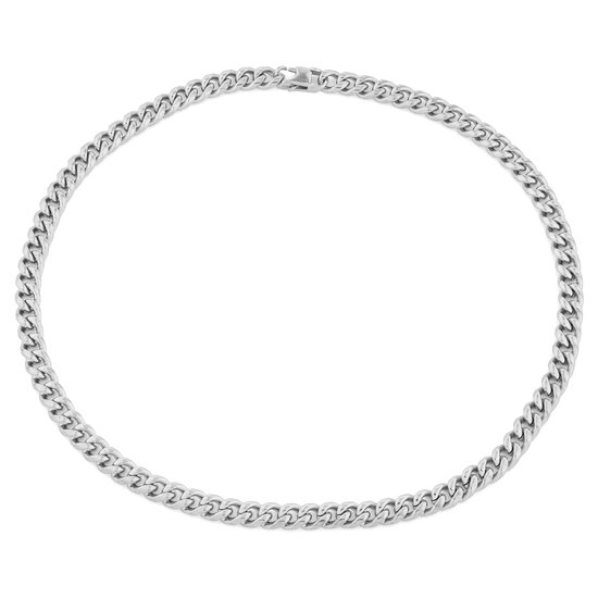 Een zilverkleurige schakelketting met een dikte van 8 mm, tegen een witte achtergrond.