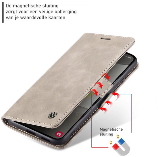 Beige telefoonhoesje in boekstijl met magnetische sluiting en illustratie van magneten.