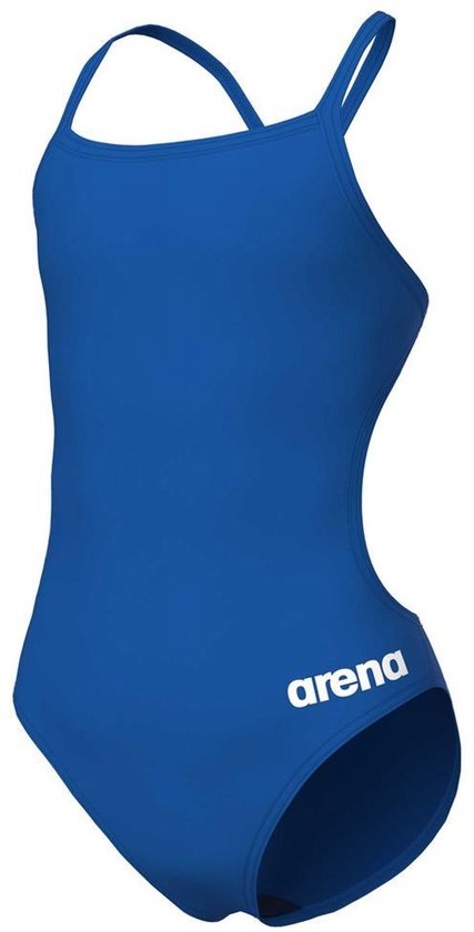 Kobaltblauw sportbadpak met open rug, zijaanzicht. Het arena-logo is zichtbaar.