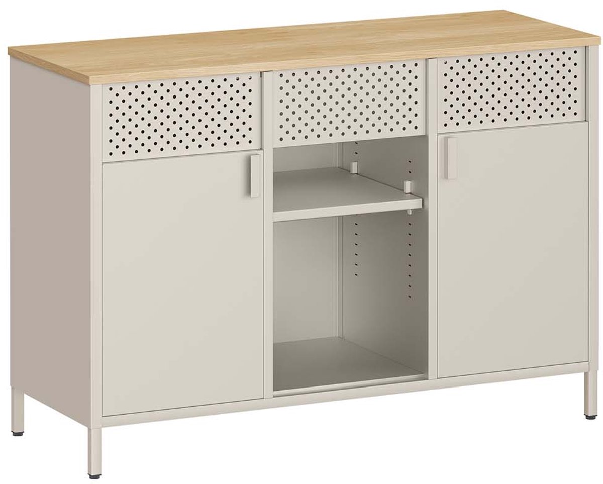 Metalen kast – Verstelbare planken en magnetische sluiting – 40 x 110 x 76 cm – Zandbeige/natuurlijk eiken