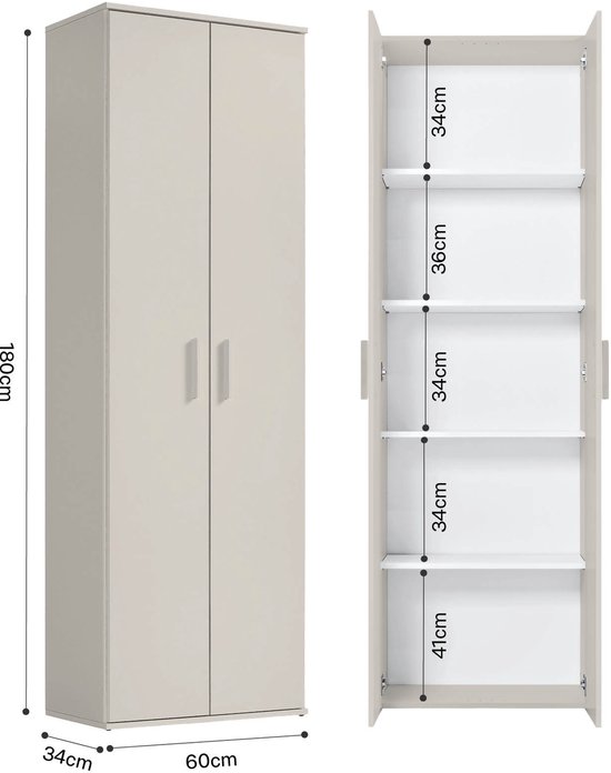 Grijze beige kast van 180 x 60 x 34 cm, met 5 legborden met afmetingen 34cm, 36cm, 34cm, 34cm en 41cm.