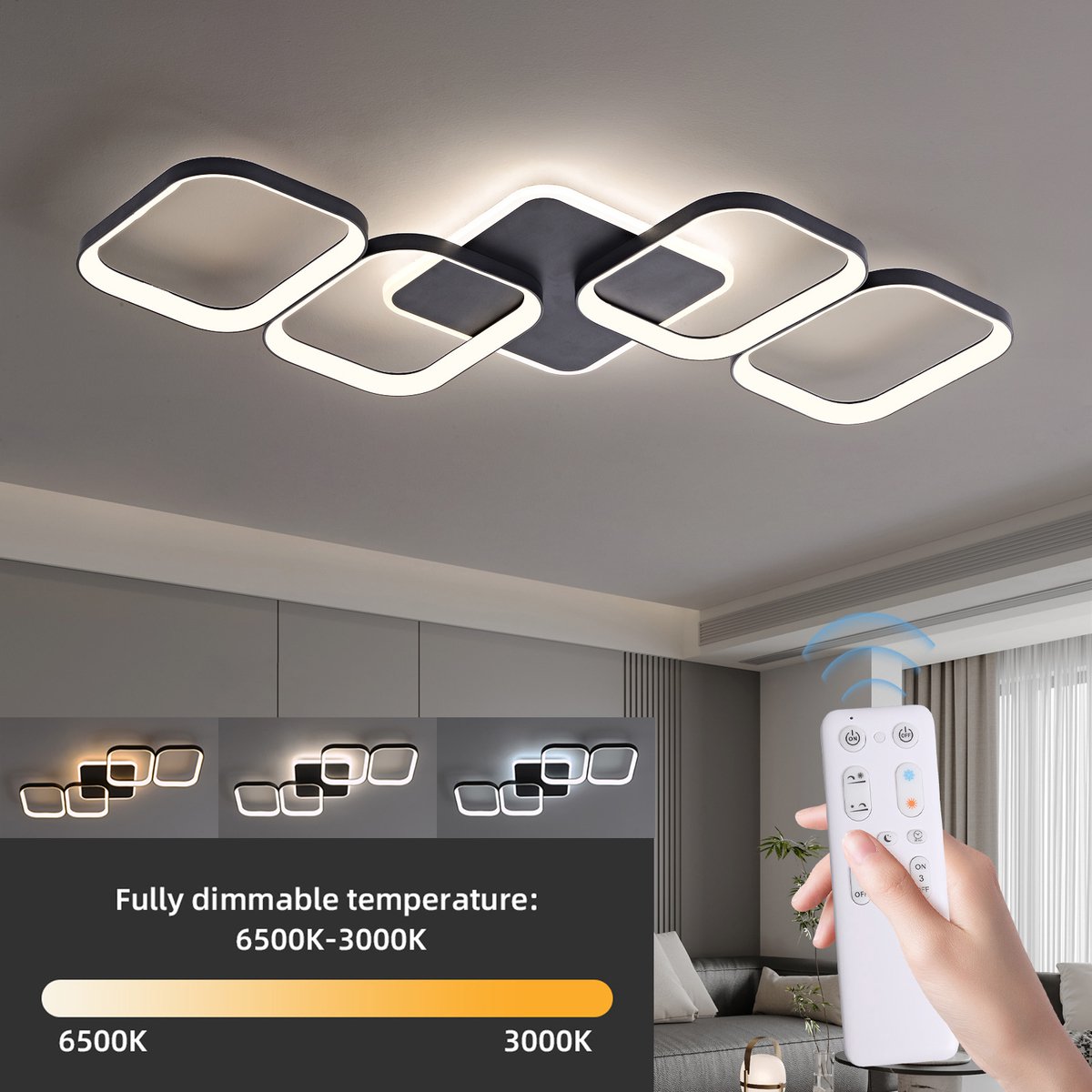 ANTENLICHT LED Plafondlamp - Plafonniére Zwart - 4 LED Plafondlampen - Woonkamer Lamp - Dimbaar - Met Afstandsbediening - 3000K-6500K - 5600LM - 50W
