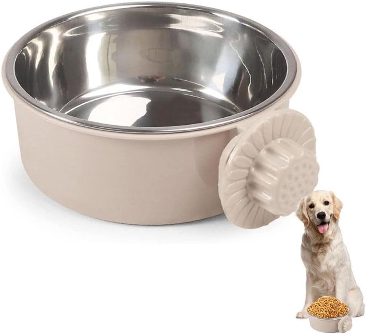 Daity Een anti-kantelbare, vast ophangbare hondenvoerbak, een afneembare voerbak van roestvrij staal en een anti-kantelbare waterdispenser, klein formaat, 250 ml, geschikt voor kleine honden/katten/konijnen (grijs).