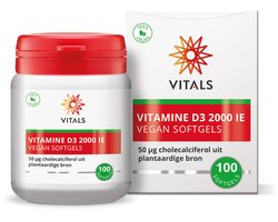 Vitals Vitamine D3 2000 IE - 100 vegan softgels. 50 mcg cholecalciferol uit plantaardige bron, ideale dagdosering.