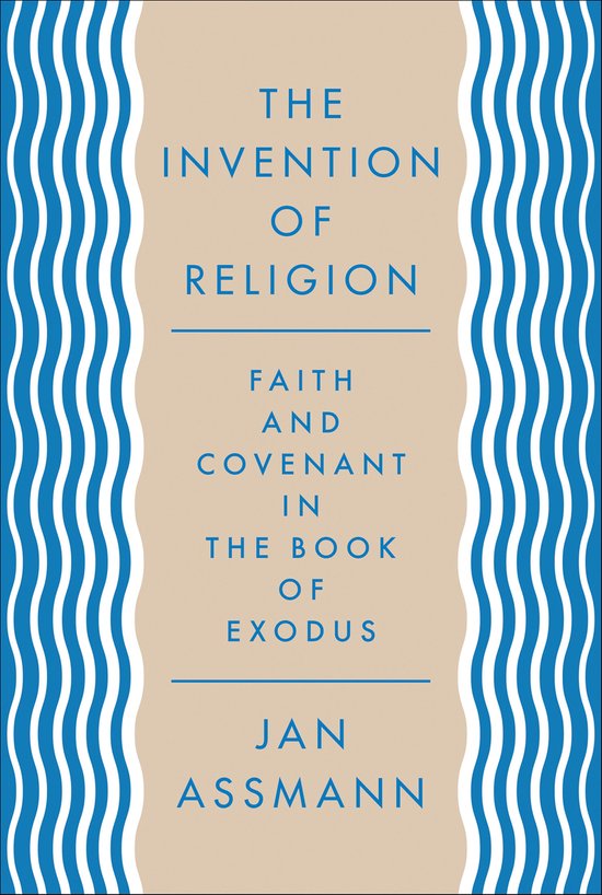 Livre 'The Invention of Religion' avec bordures ondulées bleues et centre beige avec texte bleu.