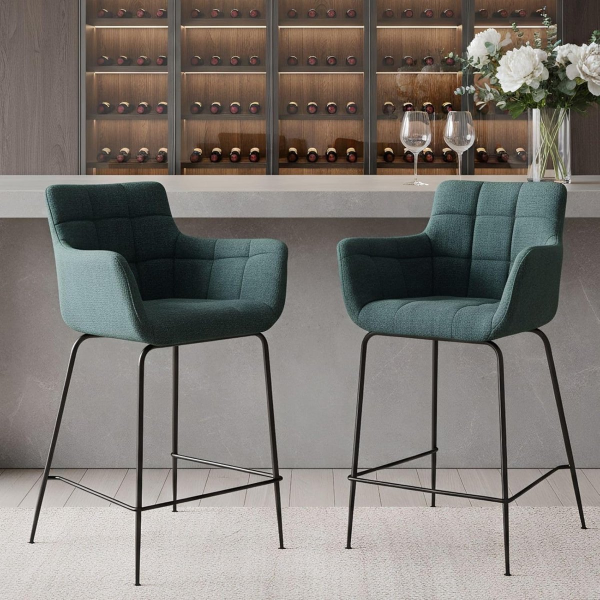 Set van 2 Moderne Barkrukken met Rugleuning en Voetensteun voor Keuken en Bar (Groen)