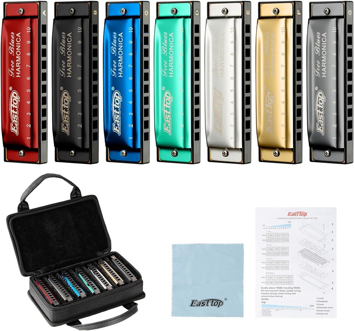 Diatonische Blues Harmonica Set 10 Gaten in 7 Stemmingen (A t/m G)