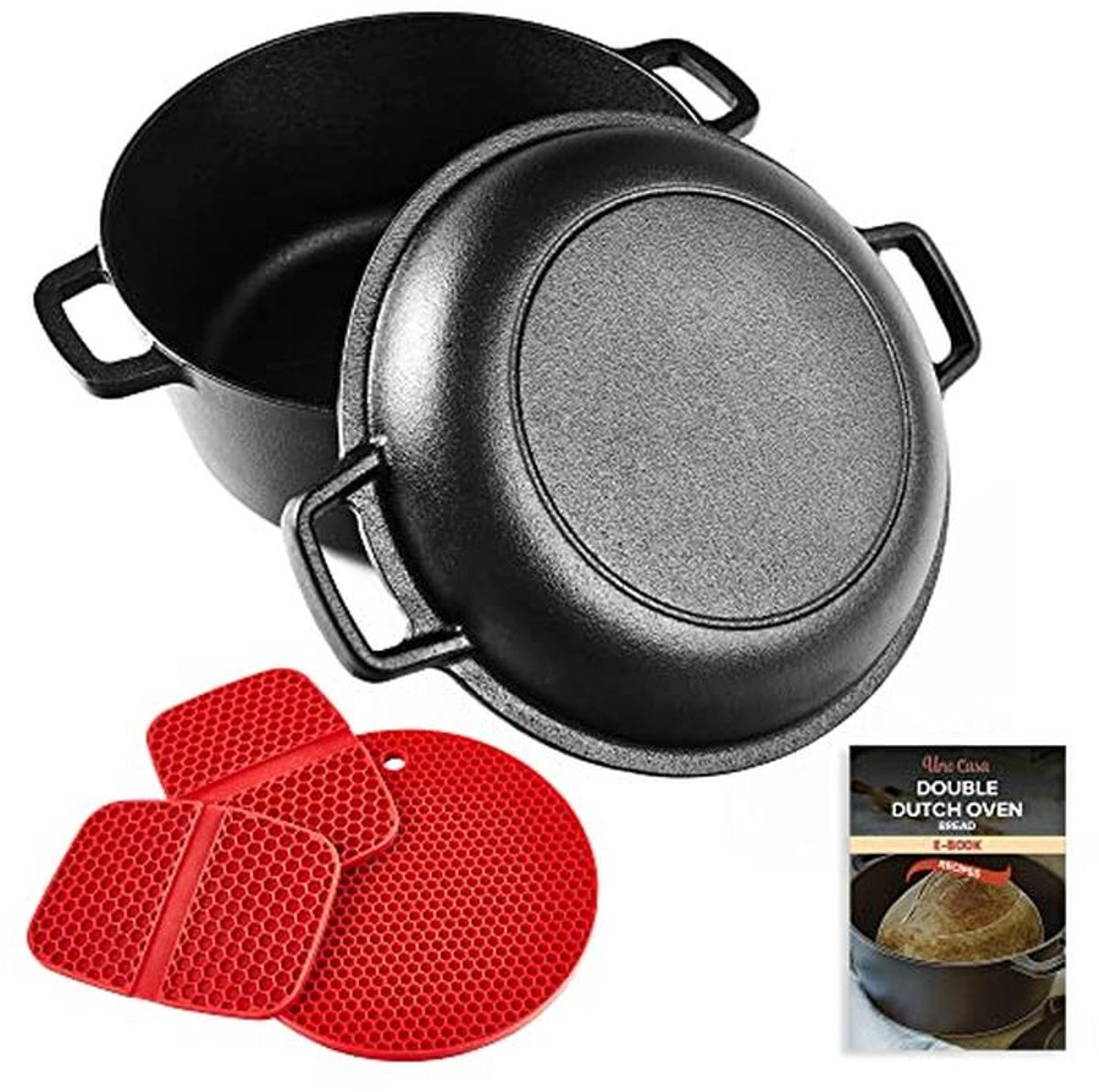 Gietijzeren braadpan met deksel - 2-in-1 pannenset van 4,7 liter en 1,5 liter