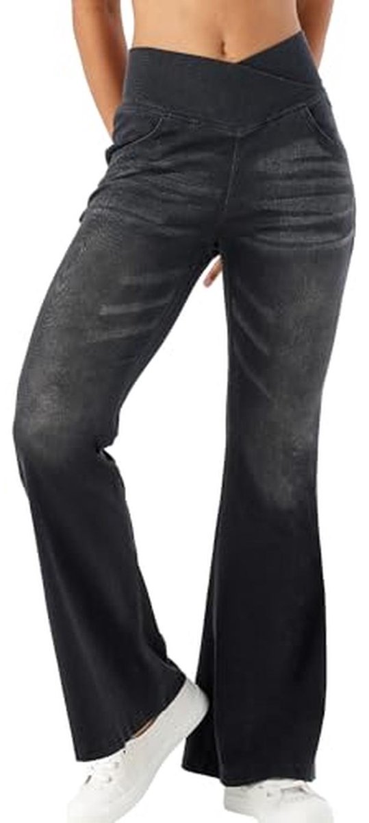 Hoge Taille Bootcut Yoga Jeans voor Dames - Crossover Uitlopende Broek met Buikcontrole en Butt Lifting