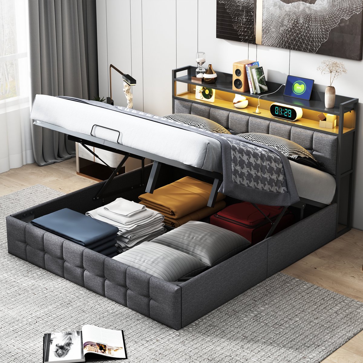 ROSAHQNDA Gestoffeerd bed 140 x 200 cm met LED-hoofdbord, tweepersoonsbed met 2 USB-laadstations en lattenbodem, hydraulische opbergruimte en metalen frame, kinderbed, linnen stof, grijs (matras niet inbegrepen) Donkergrijs