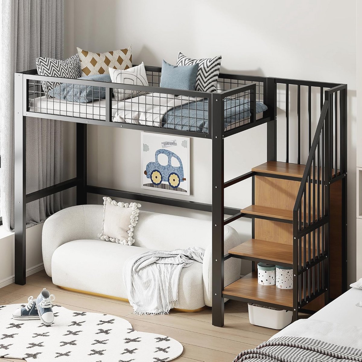 Loftbed 90 x 200 cm met Opbergruimte en Veiligheidsladder voor Kinderen en Volwassenen