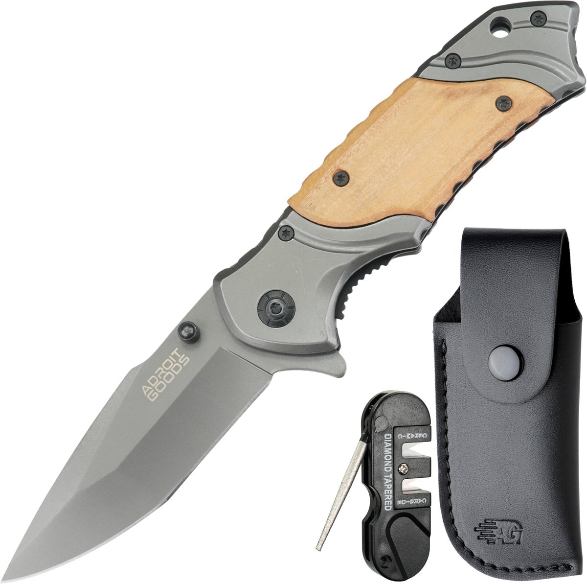 AdroitGoods RVS zakmes met sandelhouten handgreep – incl. hoes en slijptool - Premium opvouwbaar houten-handgreep outdoor-mes – 20 cm - Voor kamperen, wandelen, dagelijks gebruik
