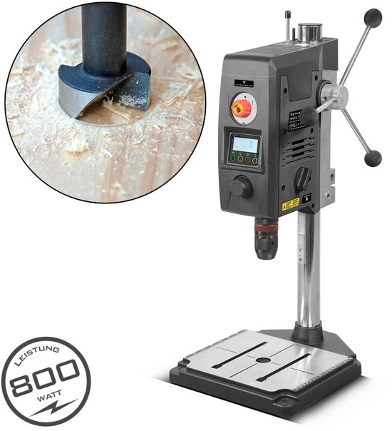Grijze boormachine met deksel, digitaal display en 800 watt vermogen.