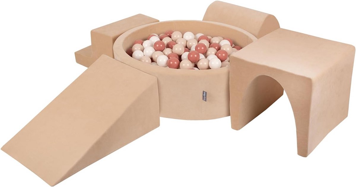 Speelhuis van Schuimrubber met Zachte Ballenbak en Klimonderdelen - Pastel Beige/Zalmroze/Wit