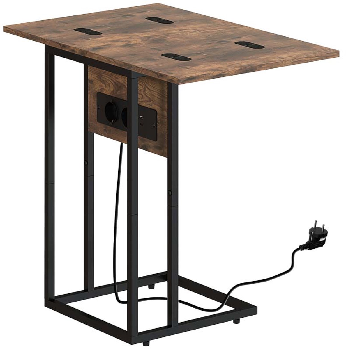 Kleine Bureautafel Vouwbare Zijkantafel Met USB Poorten en Stopcontact C-Vorm Ontwerp Aanpasbaar Lengteontwerp Duurzaam Metaalframe Geschikt voor Kleine Ruimtes 29-58x39x57cm Bruin+Zwart