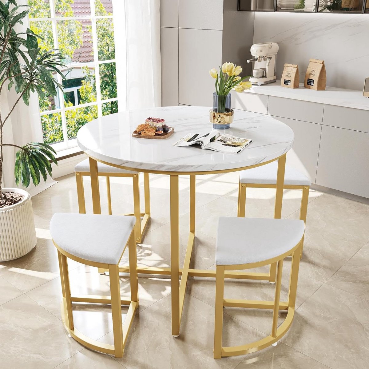 Ronde Eettafelset met 4 Fluweelzachte Stoelen - Modern en Ruimtebesparend voor 4 Personen