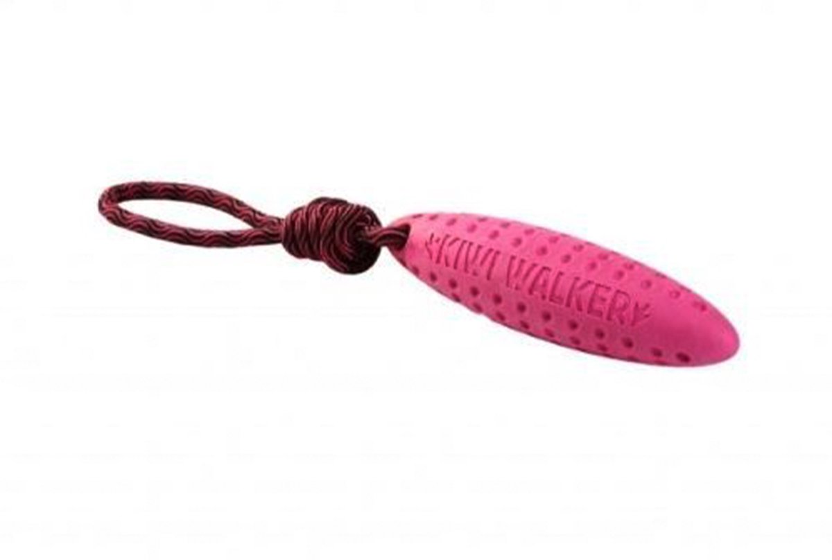kiwi walker zeppelin large - roze - 18 cm + touw - drijvend - apporteerspeelgoed voor honden