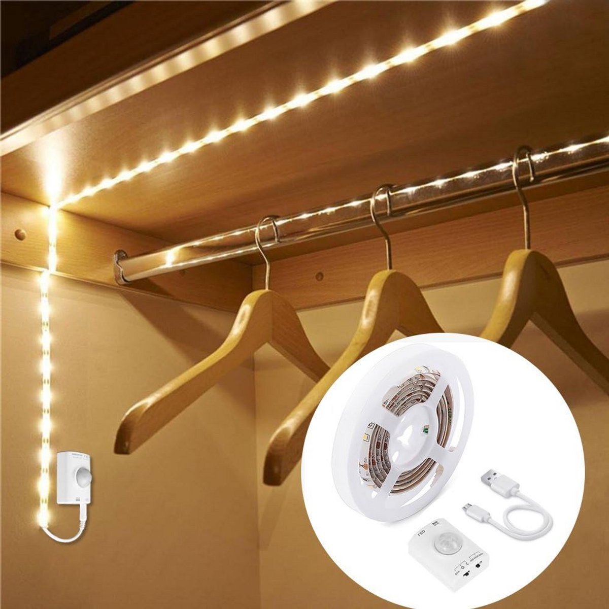 Oplaadbare LED Strip met Bewegingssensor - Zelfklevend, Warm Wit Licht voor Kast, Trap en Keuken