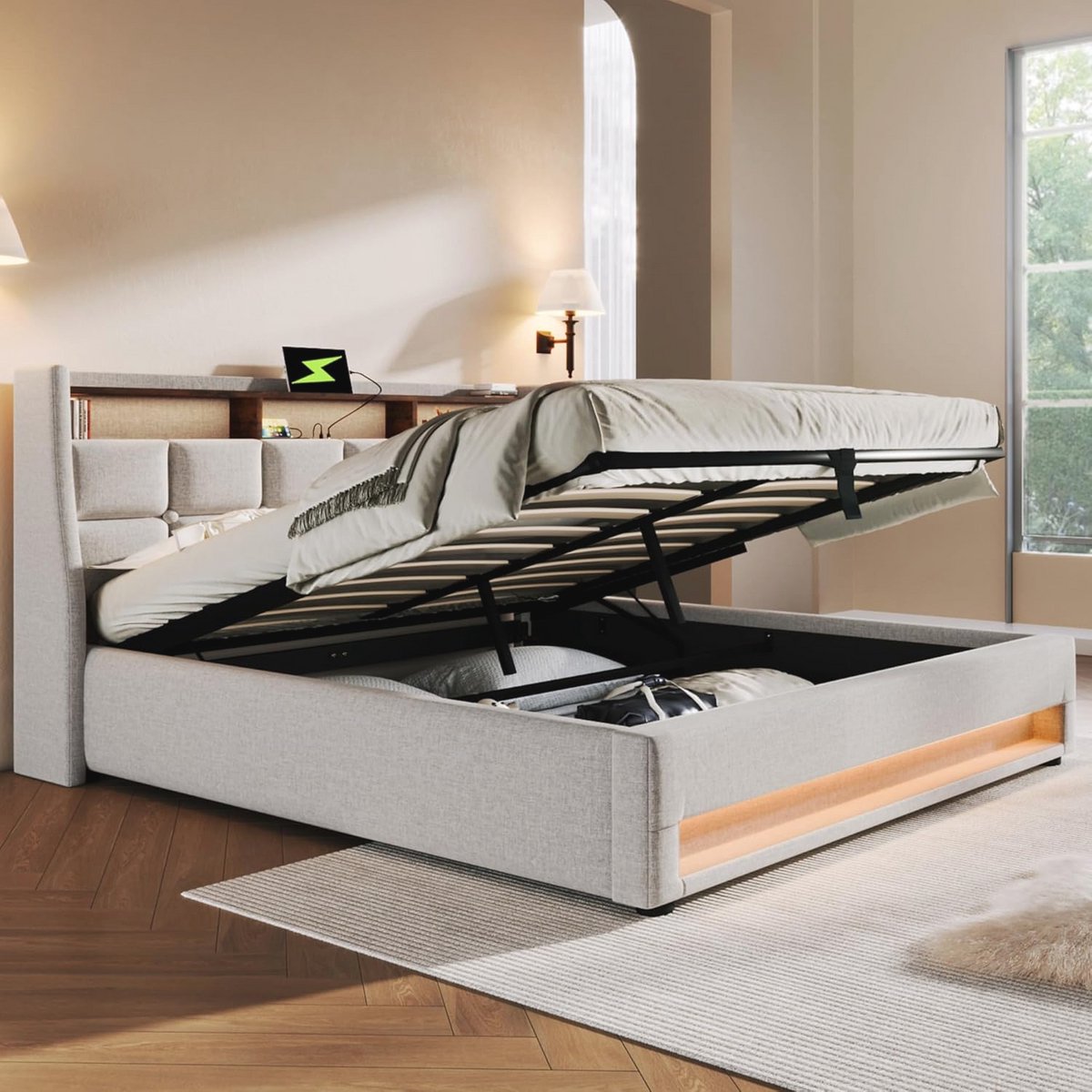 Gestoffeerd LED tweepersoonsbed 140x200cm met USB en opbergruimte