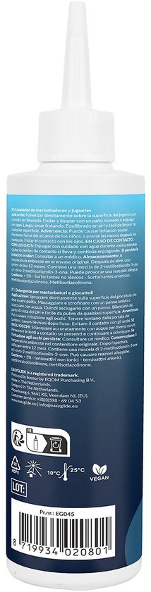 Achterkant van een witte fles met blauw en teal design. Tekst: Toy Cleaner Safe & Effective.