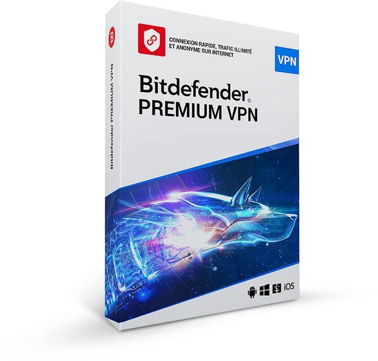 Bitdefender Premium VPN-softwaredoos met een gestileerde auto en blauwe gloed op de voorkant. Ondersteunt Android en iOS.