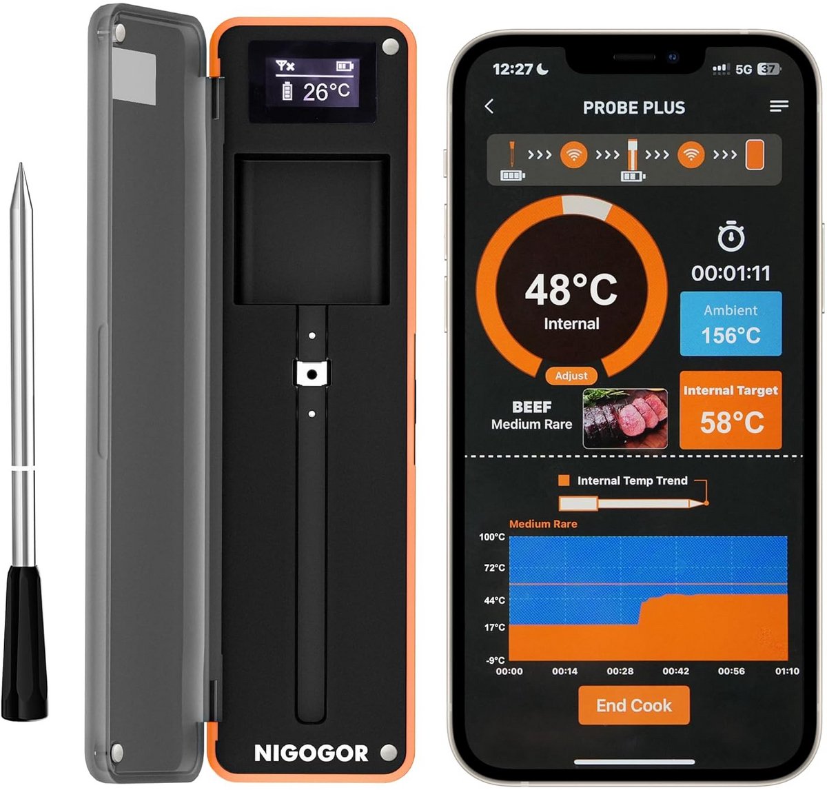 Keukenthermometer met Draadloze Bediening tot 130 m - Ideaal voor BBQ en Ovens
