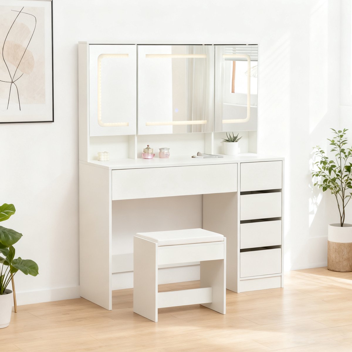 Wishdor Schminktafel - Met spiegel en verborgen opbergruimte - Met opberglades en hoekplanken - wit