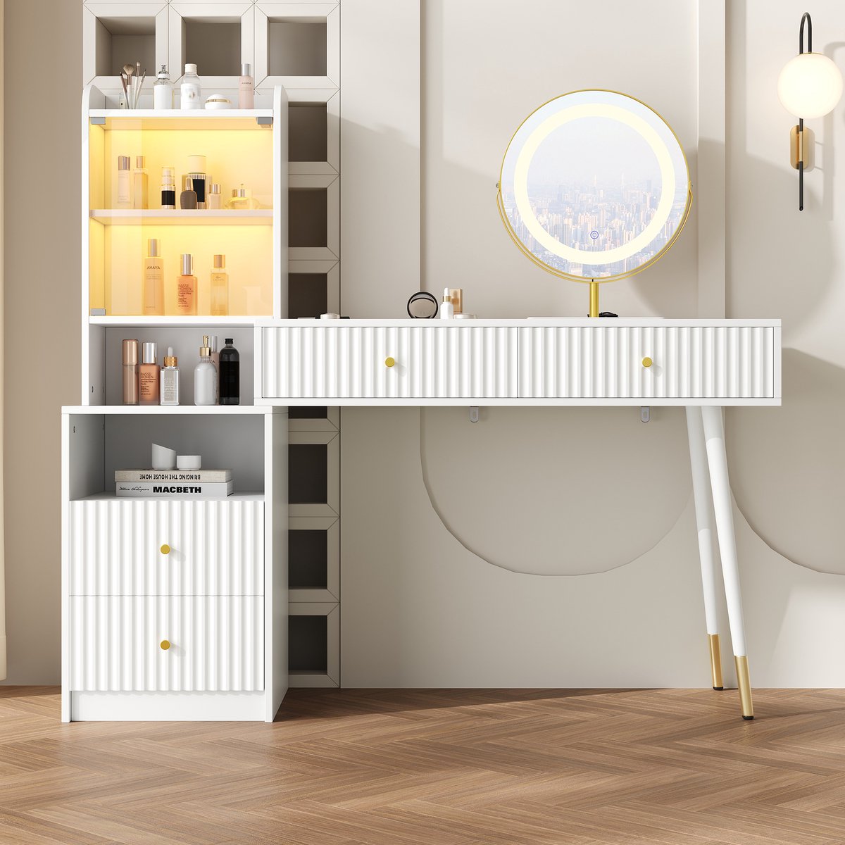 REDOM - Schminktafel - Met LED-spiegel - Met 4 lades - 100x40x125 cm wit