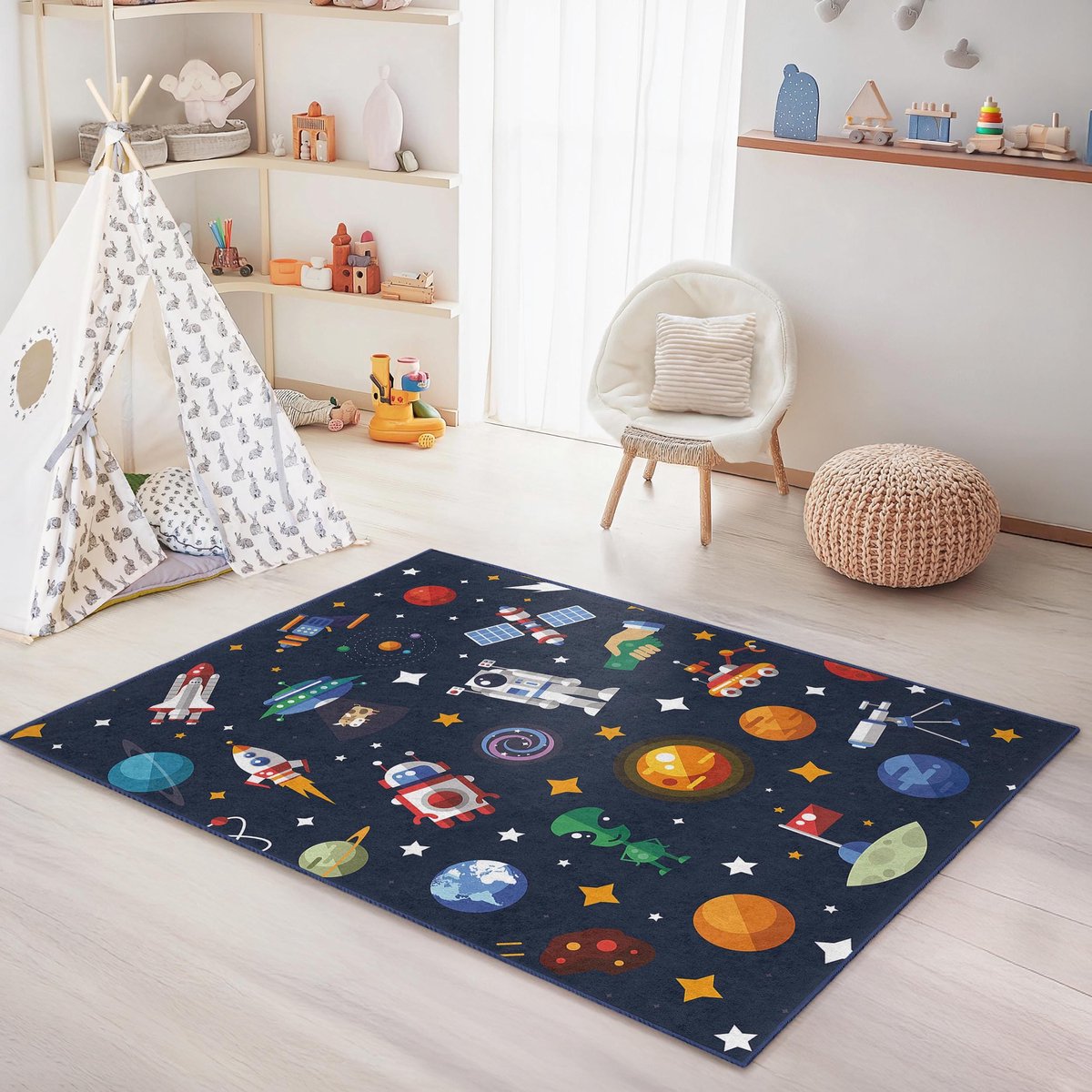 Mila Home Ruimte Avontuur - Kindertapijt Vloerkleed voor Kinderkamer - Wasbaar - Antislip - OEKO-TEX Gecertificeerd - Donkerblauw - 100x300 cm - (305 4)