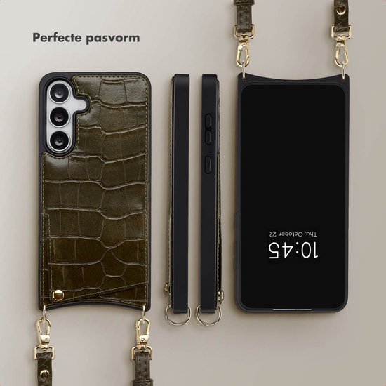 Étui Selencia - Compatible avec Samsung Galaxy S25 FE - Coque arrière Nova Croco avec cordon et porte-cartes - Olive foncé