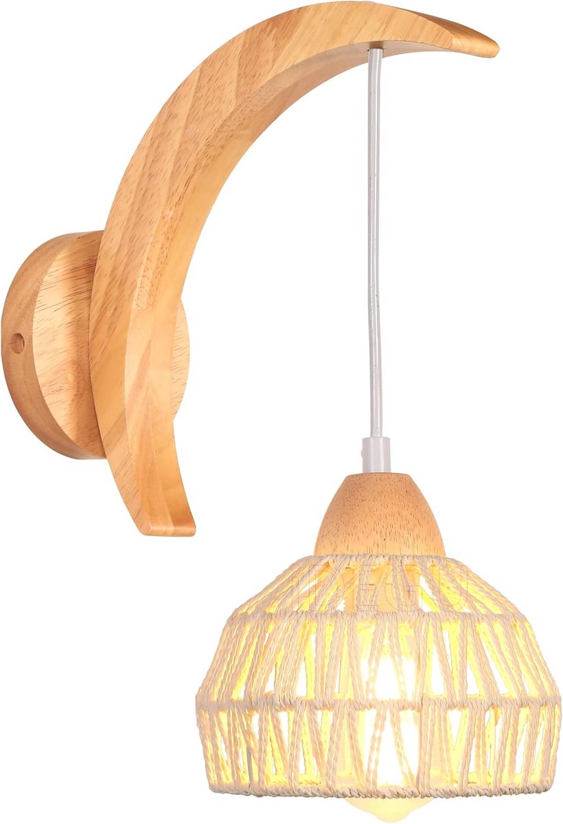 Wandlamp van Hout en Rotan in Halve Maan Design - Vintage Verstelbare Verlichting voor Binnen