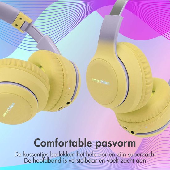 Gele koptelefoon met comfortabele oorkussens die het hele oor bedekken en een verstelbare, zachte hoofdband.