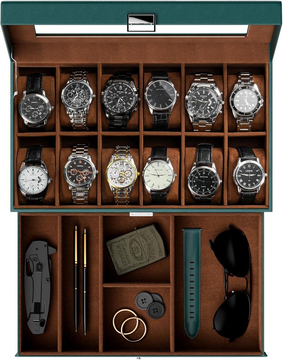 Luxe Horlogedoos met 20 Vakken en Lade voor Heren en Dames - Groen