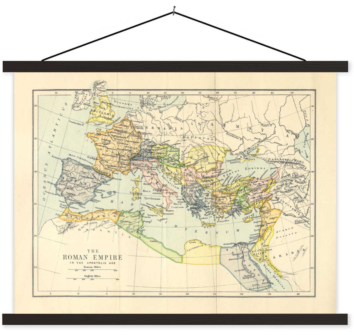 Posterhanger incl. Poster 40x30 cm - Schoolplaat - Klassieke wereldkaart Romeinse Rijk - Textielposter - Zwarte latten