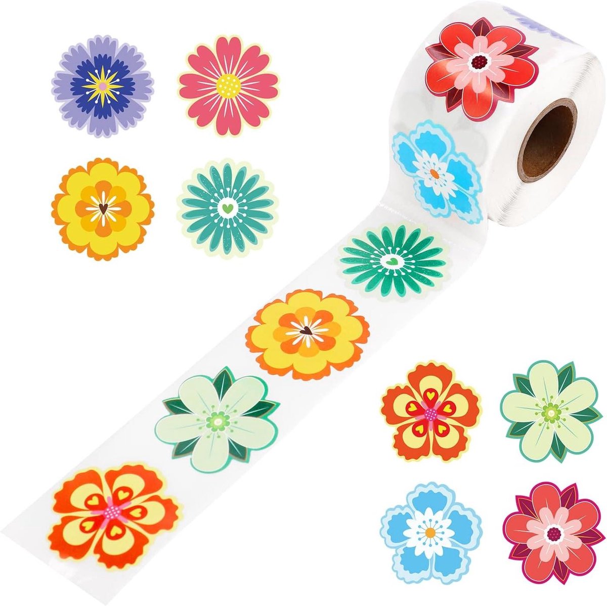 VVGoods - Bloemenstickerrol voor kinderen - Lente en zomer thema - 500 stickers - Kleurrijk en natuurlijk design - Geschikt voor plakboeken, waterflessen, laptops en meer.