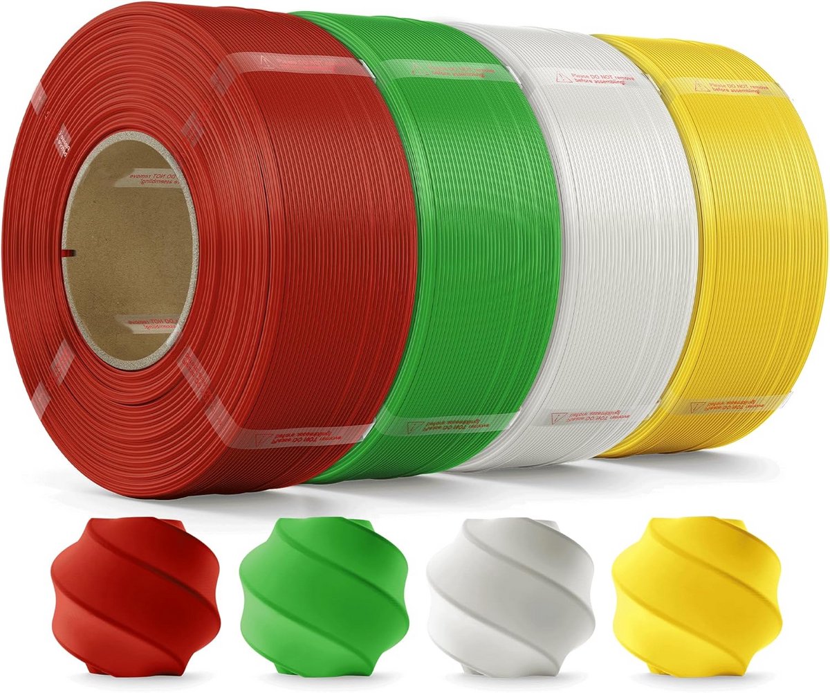 3D Printer Filament 1.75mm PLA Set - 4KG Navulrol - Hoge Nauwkeurigheid +/- 0.02mm - Wit, Rood, Groen, Geel