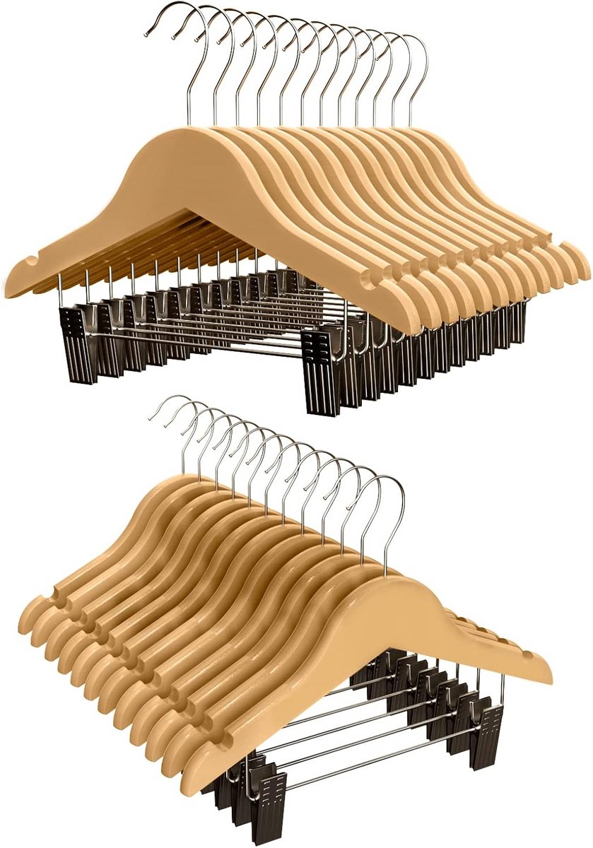 Houten Kinderkleerhangers met Klemmen en Antislip Groeven - Set van 18