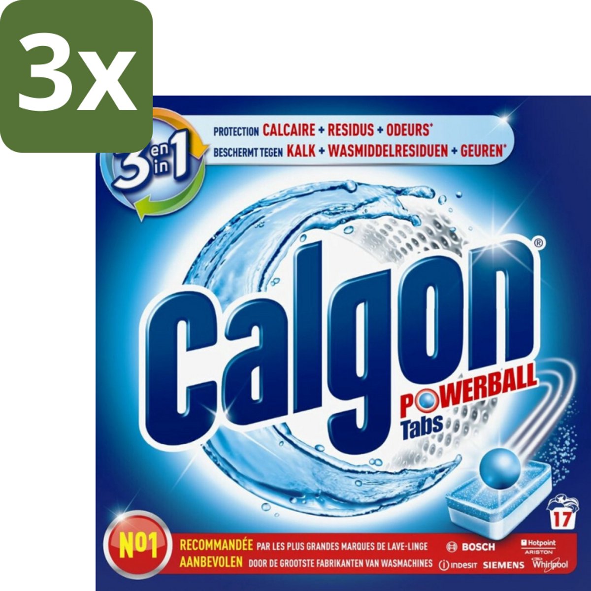 Calgon - Ontkalkingsmiddel - Tegen Kalk, Wasmiddelresiduen & Geuren - 17 Tabletten - Bulkverpakking - 3 stuks