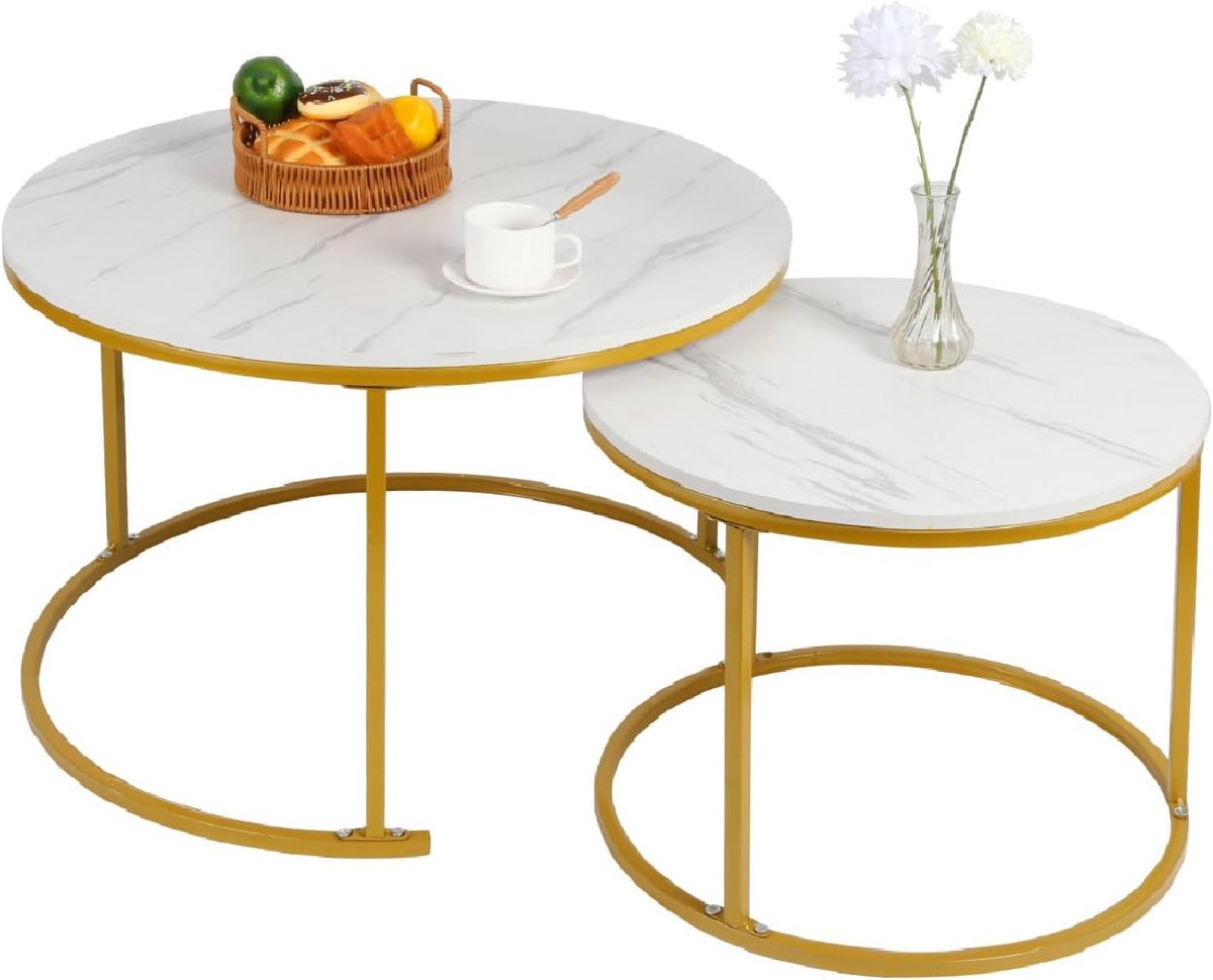 Set van 2 Ronde Salontafels, Stapelbaar, Marmerlook Wit en Goud, Industrieel Design