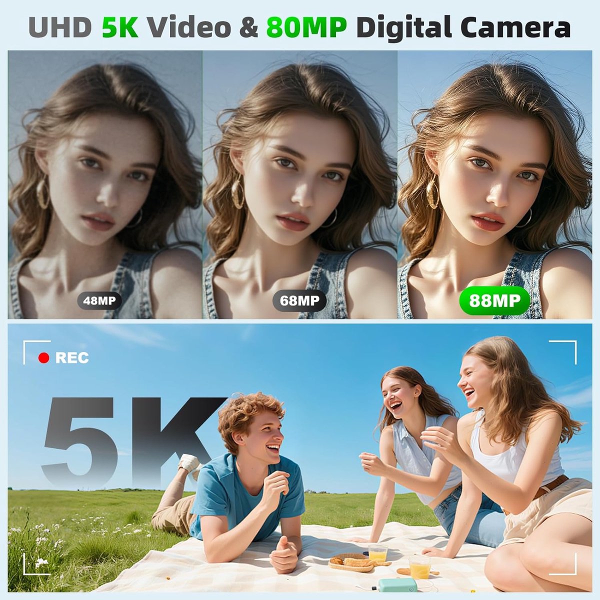 Allesto Camera - 5K Digitale camera - 80MP camera met dubbel scherm voor fotografie en vloggen, 18x zoom, autofocus, invullicht, compacte vlogcamera voor studenten, reizen, tieners en beginners, inclusief 64GB geheugenkaart fototoestel（zwart） thumbnail 2