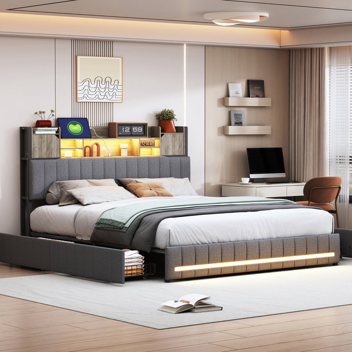 Gestoffeerd bed 140 x 200 cm met opbergruimte, tweepersoonsbed met LED en USB, jeugdbed met 4 lades, bedframe met hoofdeinde en lattenbodem, linnengoed, zonder matras (grijs, 140 x 200 cm)